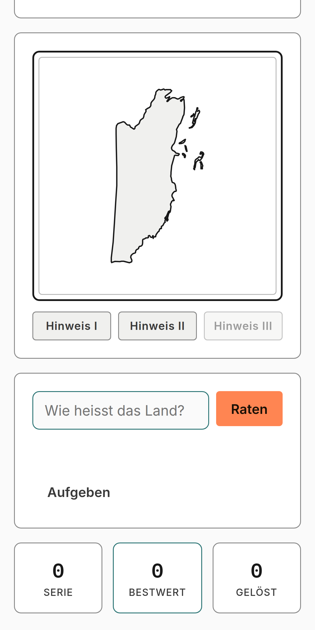 Umriss eines Landes zum Erraten, mit Eingabefeld, Hinweis-Buttons und Bestwert-Anzeige