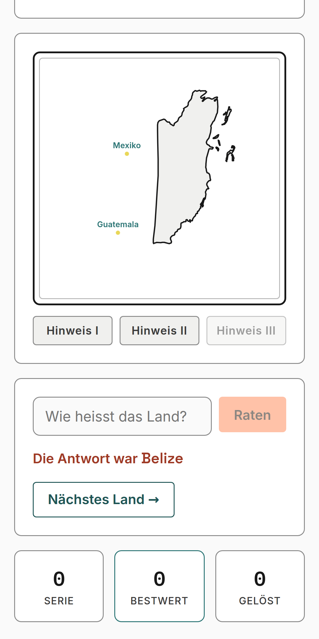 Auflösung nach dem Raten: 'Die Antwort war Belize', mit Nachbarländern Mexiko und Guatemala zur Orientierung