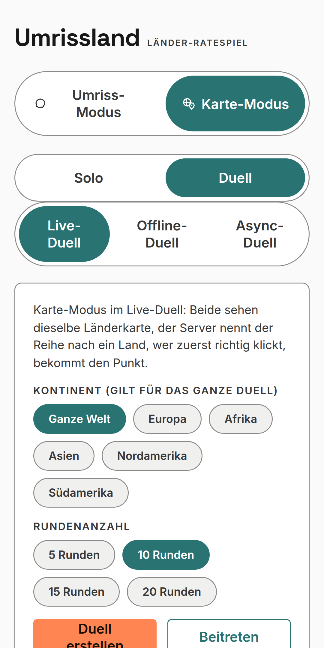 Spielmodi-Auswahl: Umriss- oder Karte-Modus, Solo oder Duell (Live, Offline, per Link), Kontinent und Rundenanzahl